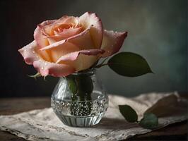 bellissimo rosa rosa nel un' bicchiere vaso su un' di legno tavolo foto