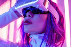 ai generato futuristico donna nel vr bicchieri con viola capelli. ai tecnico. foto