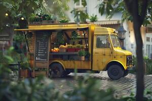 ai generato vicino su Visualizza di cibo camion con speciale offrire tavola e erbe aromatiche foto