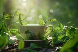 ai generato salutare verde tè tazza con tè le foglie foto
