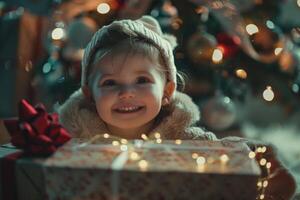 ai generato bambino apertura Natale regalo vicino albero ridendo e contento. foto