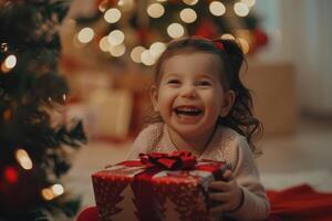 ai generato bambino apertura Natale regalo vicino albero ridendo e contento. foto