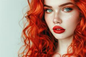 ai generato moda ritratto di donna con lungo Riccio rosso capelli. foto