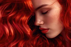 ai generato moda ritratto di ragazza con lungo rosso Riccio capelli. foto