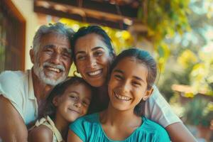 ai generato sorridente famiglia godendo vicino Casa foto