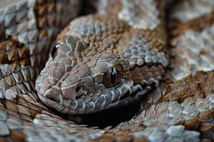 ai generato a partire dal sopra avvicinamento di iberico vipera con grigiastro Marrone pelle con buio macchie nel natura foto