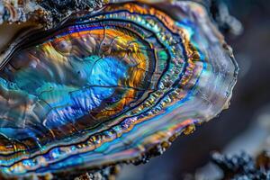 ai generato alto ingrandimento macro di blu orecchia di mare perla conchiglia con vivido iridescente strati. foto