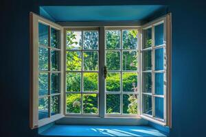 ai generato Aperto finestra per il indietro cortile con blu parete. foto