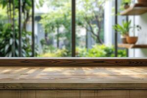 ai generato legna tavolo contatore con giardino Visualizza per Prodotto Schermo. foto