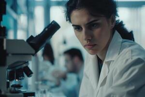 ai generato donna studiando cervello diapositiva con scienziati nel laboratorio. foto