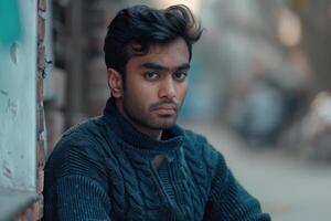 ai generato giovane indiano uomo nel buio blu maglione. foto