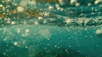 ai generato bolle e bokeh subacqueo nel chiaro verde oceano di California foto
