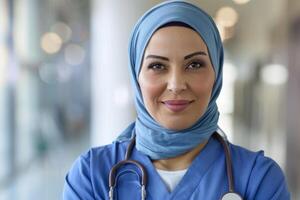 ai generato fiducioso musulmano infermiera nel hijab su isolato sfondo. foto