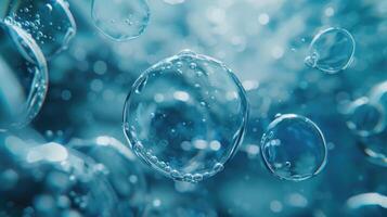 ai generato studio tiro di blu bolle per pulito cosmetici e rinnovabile energia. foto