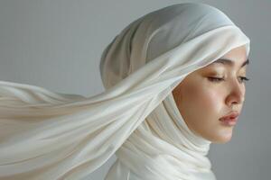 ai generato musulmano donna nel tradizionale hijab celebra idul Fitri moda. foto