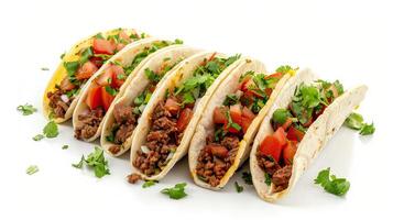 ai generato tradizionale messicano tacos con carne e verdure su bianca sfondo. foto