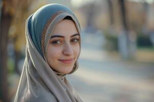ai generato bellissimo musulmano donna nel hijab sorridente con fiducia. foto