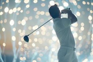 ai generato golf giocatore nel un' bianca camicia assunzione un' swing su un' bianca luci sfondo. foto