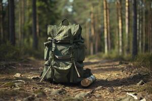 ai generato durevole verde gli sport zaino pieno con picnic forniture nel foresta. foto