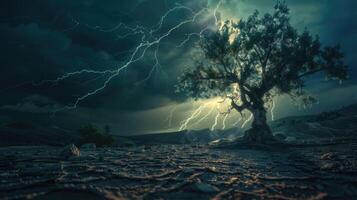 terra per il terra asciutto Cracked e grande albero. con fulmine tempesta foto