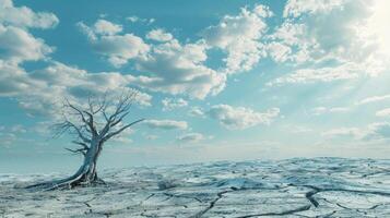 asciutto Cracked terra con morto albero e cielo nel sfondo un' concetto di globale riscaldamento foto
