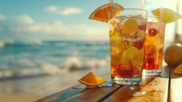 frutta cocktail su di legno tavolo con spiaggia sfondo. foto