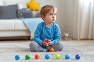 autistico ragazzo con colorato palle foto