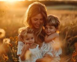 ai generato contento madre e bambini con allegro emozioni nel un' festivo umore su La madre di giorno foto