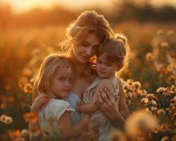 ai generato contento madre e bambini con allegro emozioni nel un' festivo umore su La madre di giorno foto