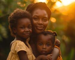 ai generato contento madre e bambini con allegro emozioni nel un' festivo umore su La madre di giorno foto