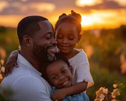 ai generato famiglia unità tema con gioioso bambini e padre per Il padre di giorno vacanza foto