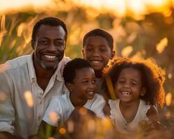 ai generato famiglia unità tema con gioioso bambini e padre per Il padre di giorno vacanza foto