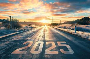 ai generato concetto tema di futuro sentiero e successo nel vita e attività commerciale nel il nuovo anno 2025 foto