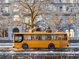 ai generato pubblico trasporto giallo autobus per terra mezzi di trasporto foto