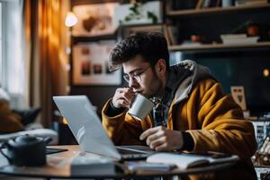 ai generato giovane uomo con caffè seduta a opera su un' il computer portatile in esecuzione un' attività commerciale o blog Là foto