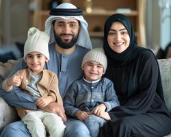 ai generato contento musulmano famiglia insieme a casa foto