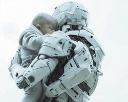 futuro concetto madre robot come umano donna con umano bambino foto