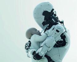 futuro concetto madre robot come umano donna con umano bambino foto