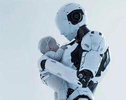 futuro concetto madre robot come umano donna con umano bambino foto