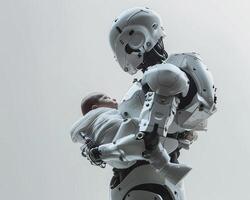 futuro concetto madre robot come umano donna con umano bambino foto