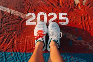 il inizio di 2025 è scritto su un' colorato strada. concettuale foto di il In arrivo nuovo anno 2025. nuovo anno concetto, motivazione, attività commerciale promozione, passo inoltrare, in movimento inoltrare, speranza