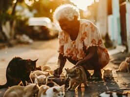 anziano donne fornire nutrimento per vagante gatti, illustrare empatia e compagnia in mezzo solitudine foto