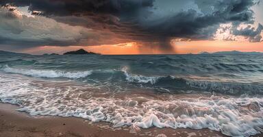 angolo ampio paesaggio foto con un' mare con Crashing onde e drammatico cielo