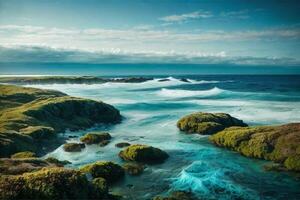 blu oceano con nuvole e sole nel il cielo foto