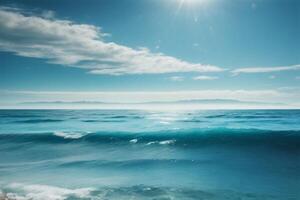 blu oceano con nuvole e sole nel il cielo foto