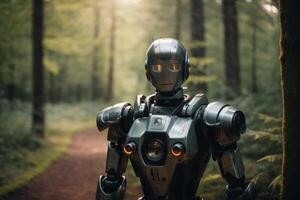 un' robot in piedi nel il mezzo di un' foresta foto