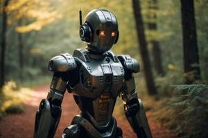 un' robot in piedi nel il mezzo di un' foresta foto