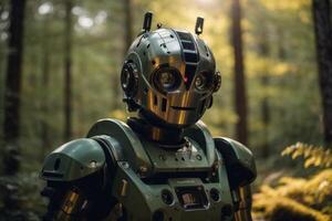 un' robot in piedi nel il mezzo di un' foresta foto