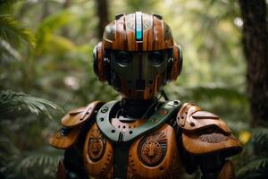 un' robot in piedi nel il mezzo di un' foresta foto