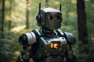 un' robot in piedi nel il mezzo di un' foresta foto